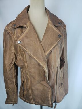 Max Studio Tan Leather Moto Jacket with Asymmetrical Zip